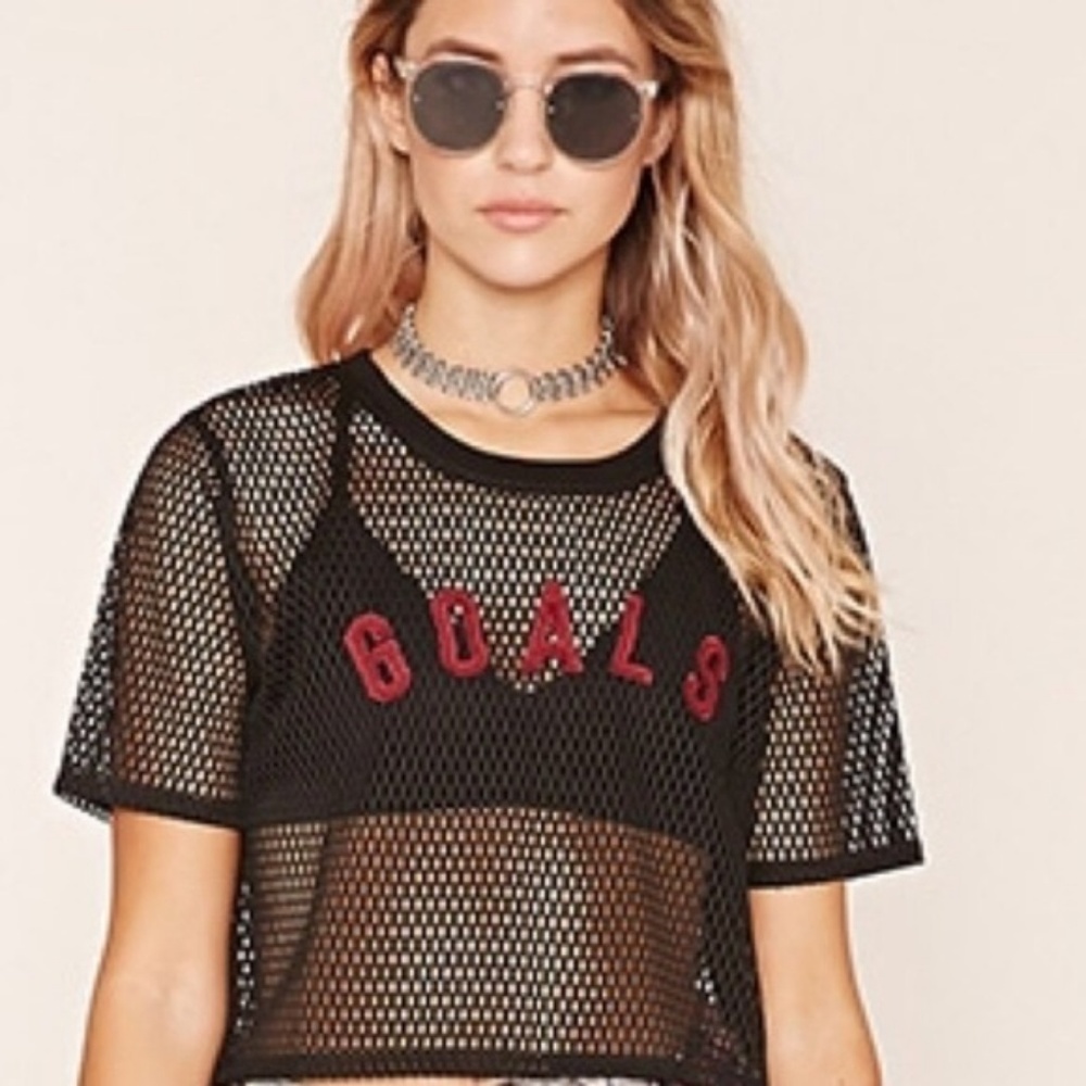 Forever 21 Black Mesh Crop Top with Red 'GOALS' Applique